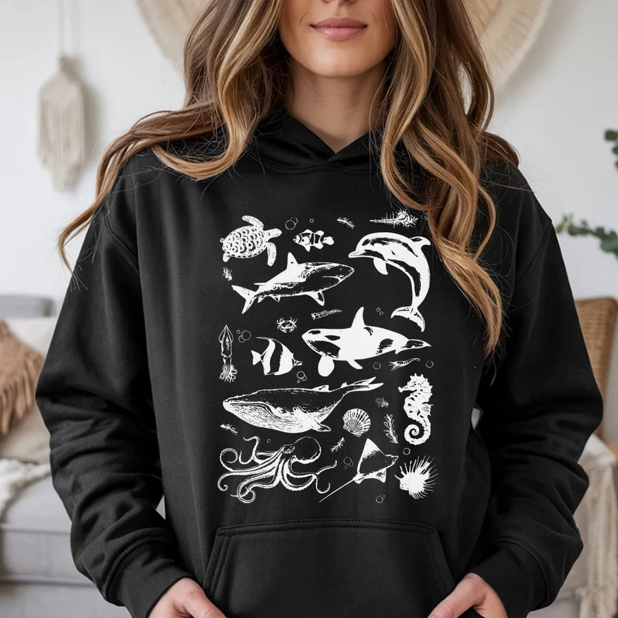 Ocean Animals Hoodie | Vintage Marine Life Tattoo Graphic | Premium Cotton Blend | Gift for Ocean Lover