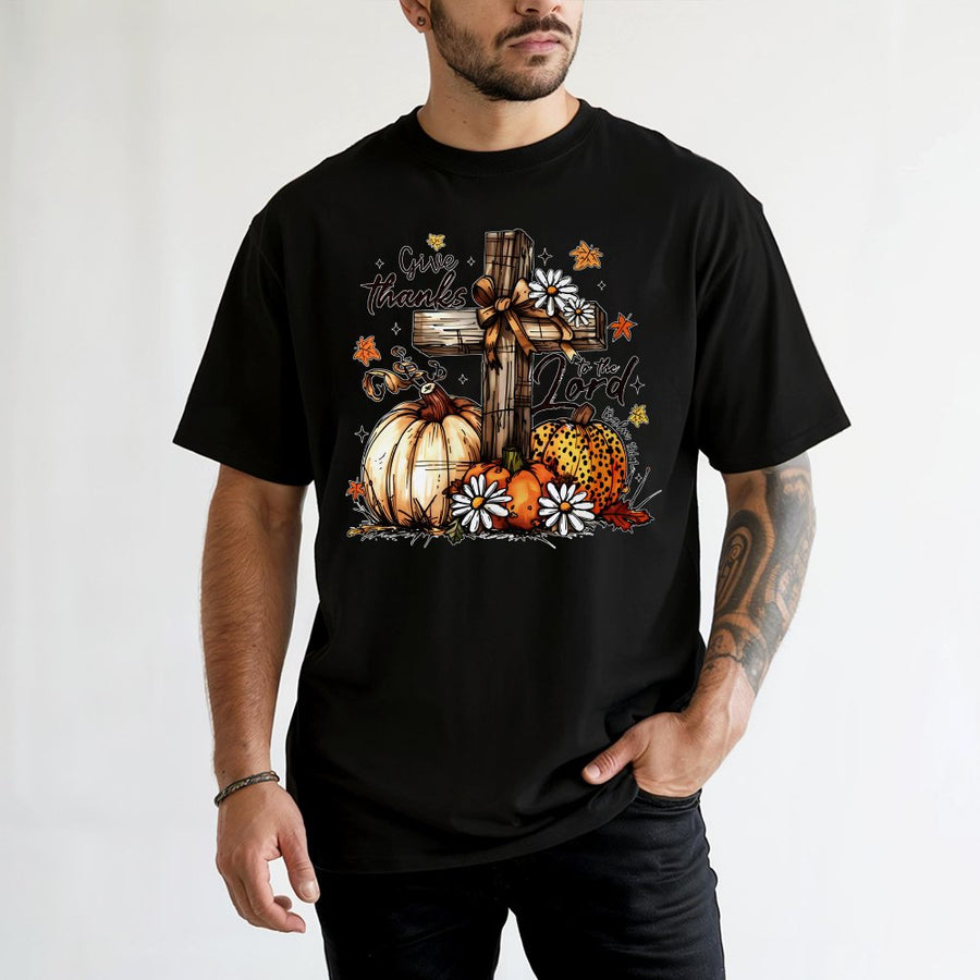 Give Thanks To The Lord T-Shirt | Fall Pumpkin Floral Cross Graphic | 100% Cotton Premium Tee | Christian Autumn Faith Gift for Women