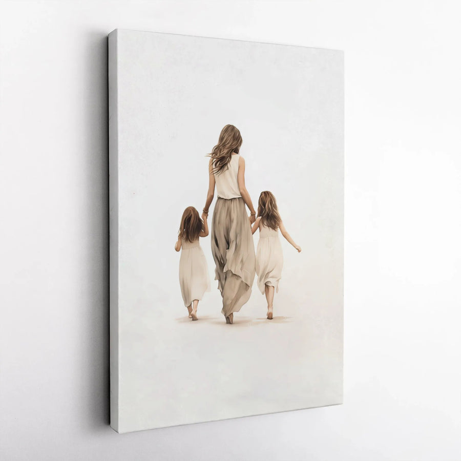 Mother and Two Daughters Canvas Wall Art | Whimsical Family Portrait Illustration | Premium Gallery Wrap Print | Heartfelt Motherhood Gift for Home Decor