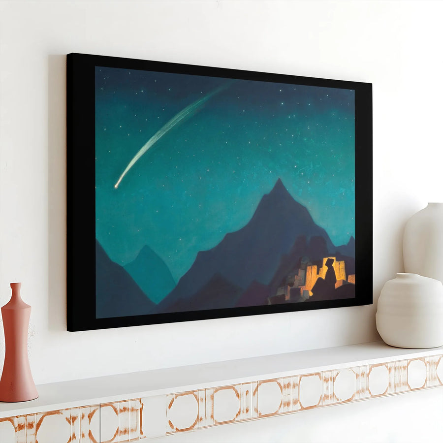 Shooting Star Landscape Canvas Art | Night Mountain Village Print | Premium Gallery Wrap Decor | Nature Lover Gift