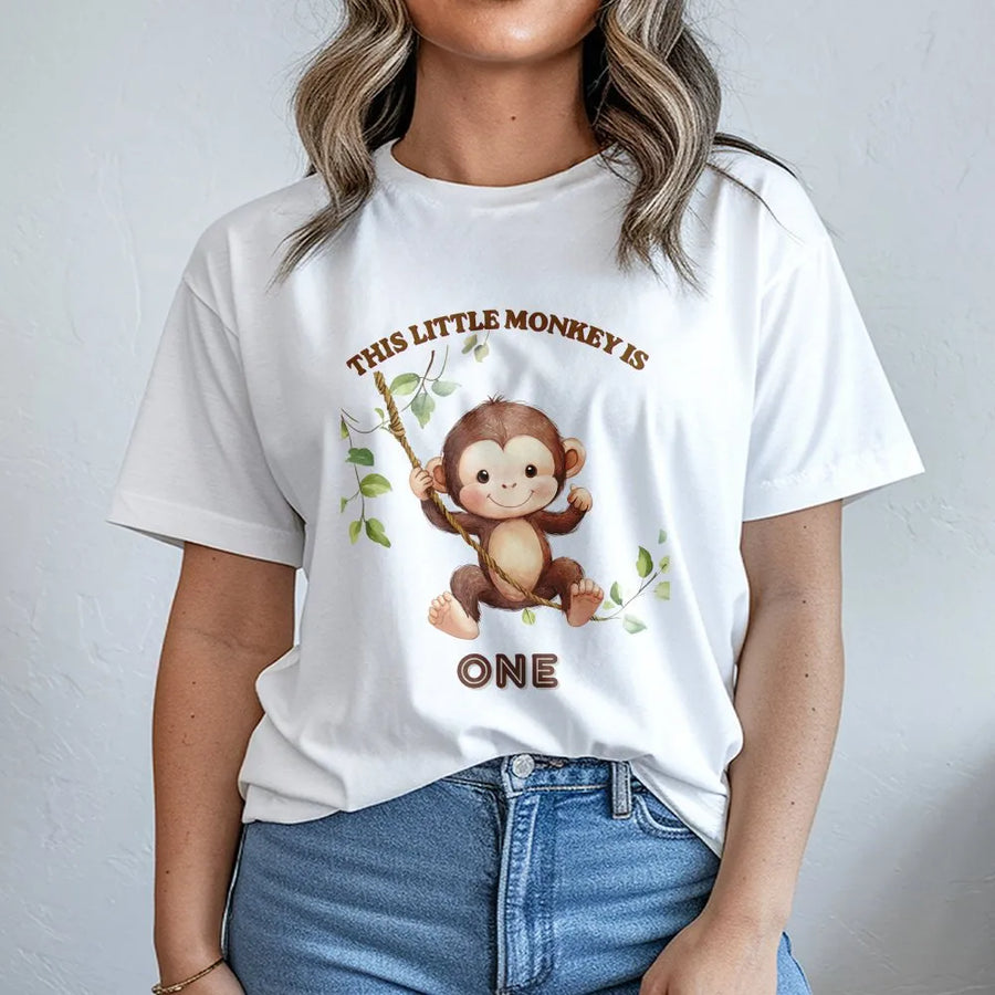 Monkey 1st Birthday T-Shirt | This Little Monkey Is One Graphic | Soft Cotton Blend Pullover | Mom's First Birthday Party Gift