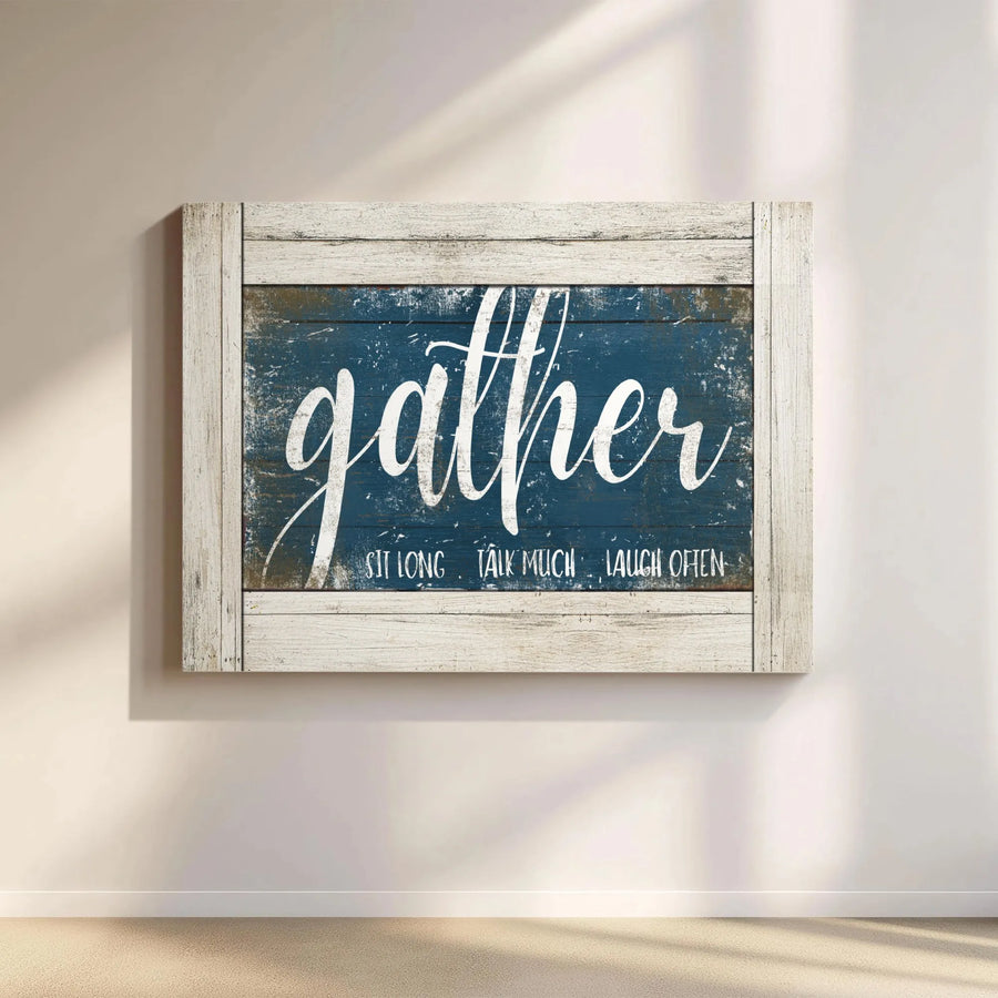 Gather Sign Farmhouse Wall Art Horizontal Canvas | Rustic Blue Faux Wood Design Print | Premium 1.25 Inch Stretched Gallery Wrap | Perfect Cozy Housewarming Gift for Family Dining Room