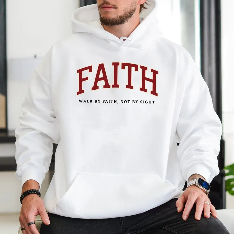 Faith Hoodie | Walk By Faith Not By Sight Varsity Text | Premium Cotton Blend | Christian Gift for Men and Women