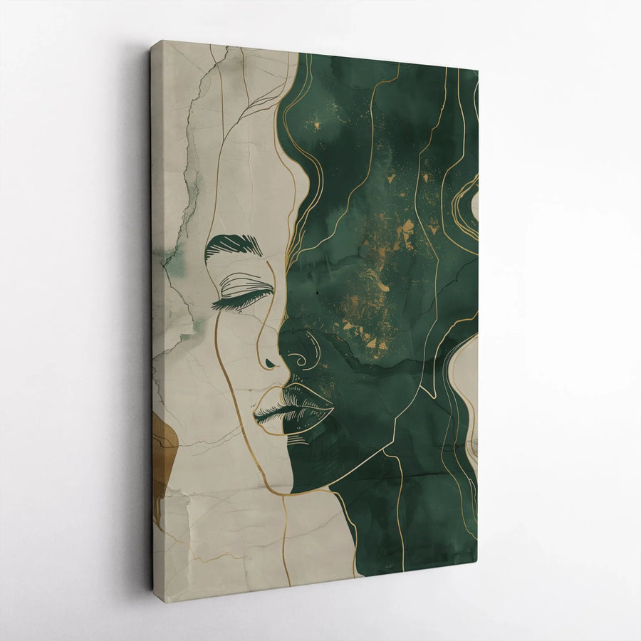 Abstract Woman Face Canvas | Minimalist Gold Line Art | Premium 1.25-inch Gallery Wrap | Modern Emerald Green Home Decor Wall Art