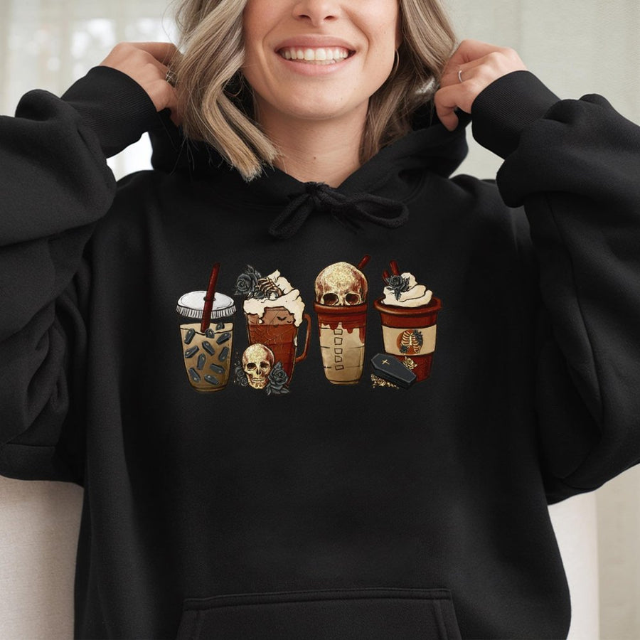 Spooky Coffee Hoodie | Gothic Skull and Coffin Latte Design | Premium Cotton Blend | Gift for Goth Coffee Lovers and Autumn Aesthetic Fans