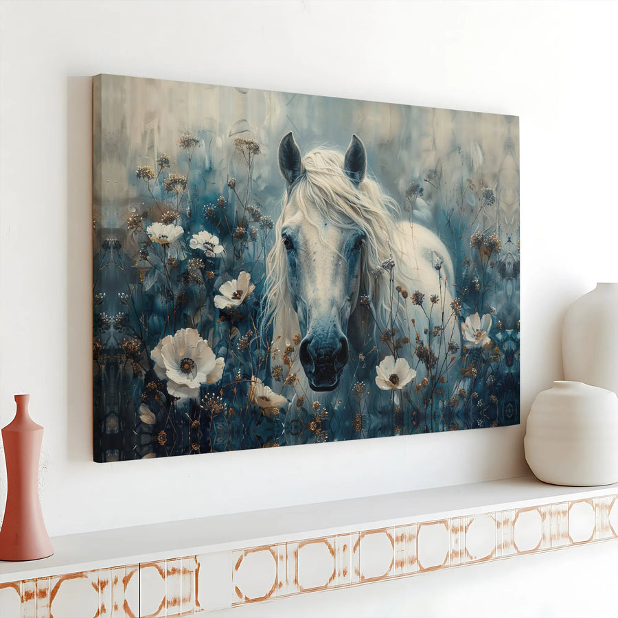 White Horse Canvas Wall Art | Painterly Wildflower Meadow | Premium Fade-Resistant Print | Farmhouse Equestrian Decor Gift