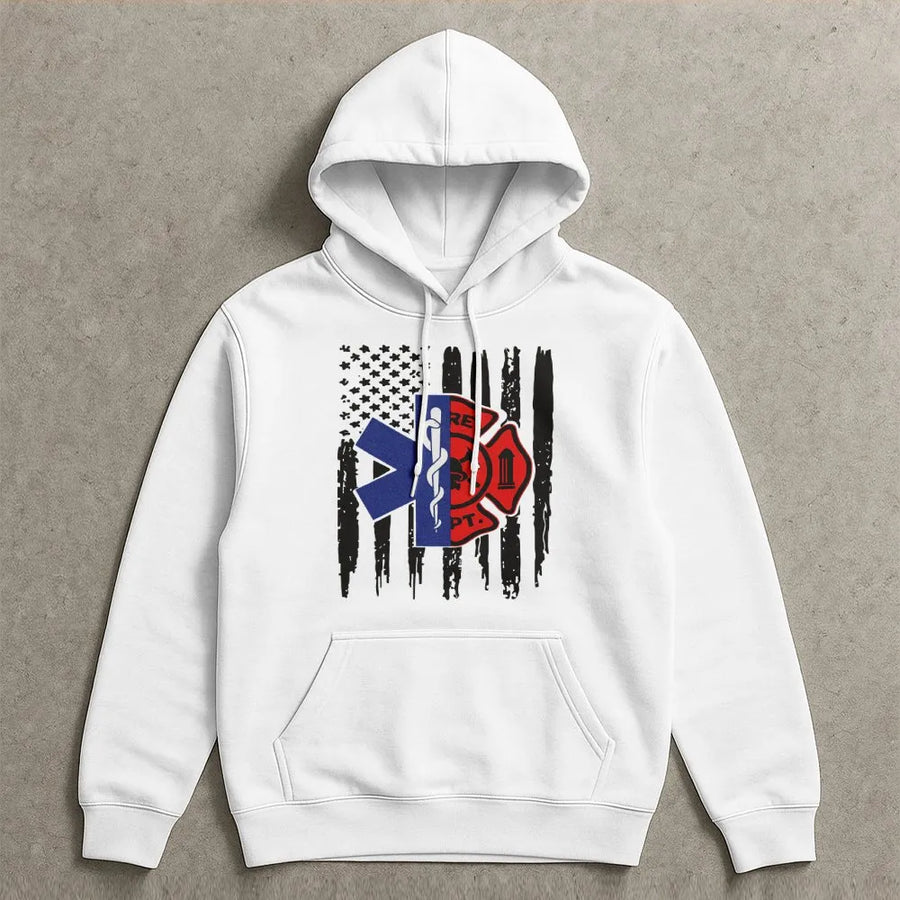 Firefighter EMT Hoodie | American Flag Star of Life Maltese Cross | Premium Cotton Blend | First Responder Hero Support Gift