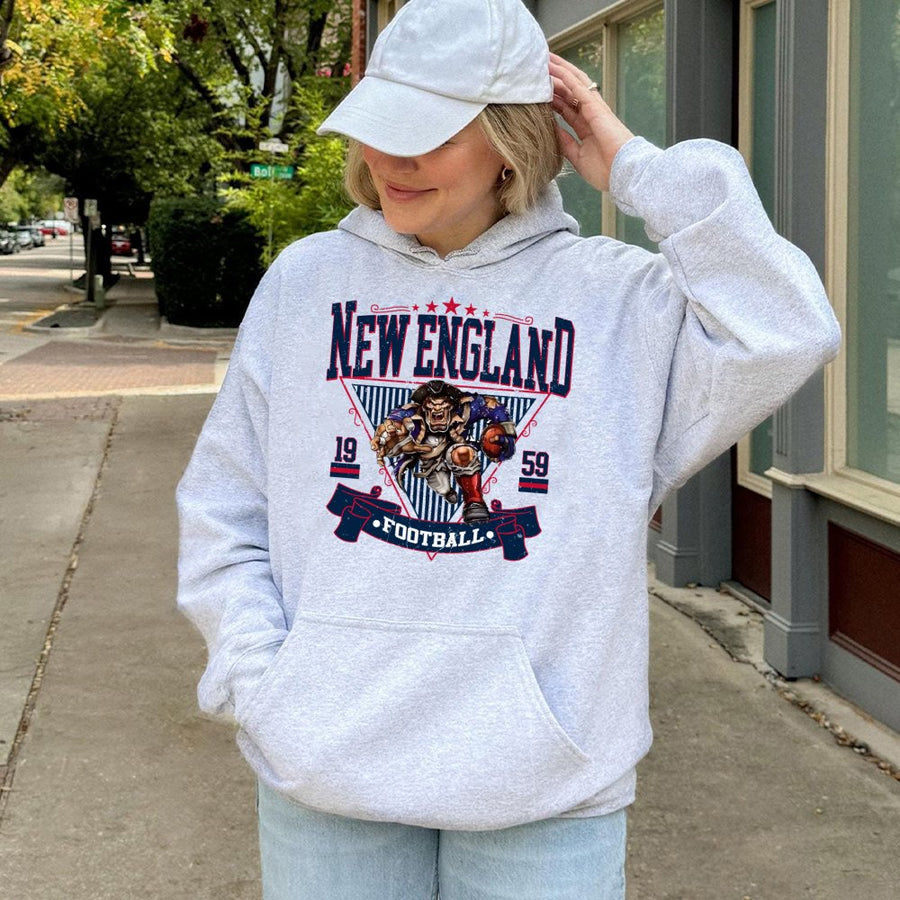New England 1959 Football With Aggressive Patriot Mascot Hoodie