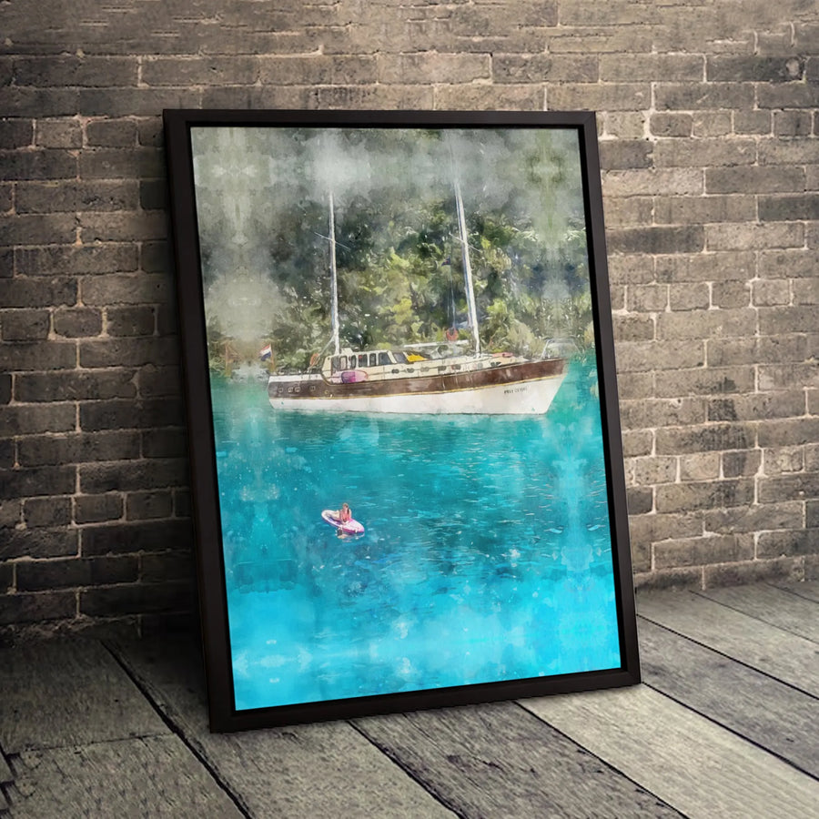 Watercolor Yacht Wall Art | Tropical Turquoise Sea with Paddleboarder | Gallery Quality Canvas Print | Nautical Home Decor Gift for Boating Lovers