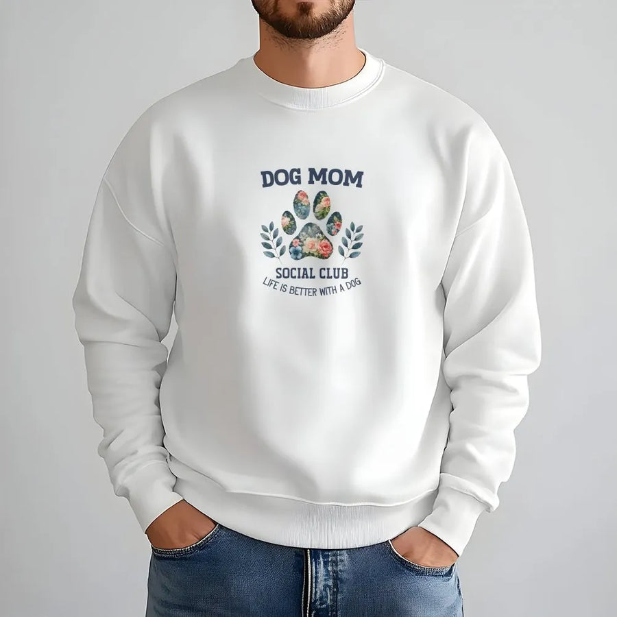 Dog Mom Sweatshirt | Floral Paw Social Club Design | Premium Cotton Blend | Cute Gift for Dog Lover & Pet Mom