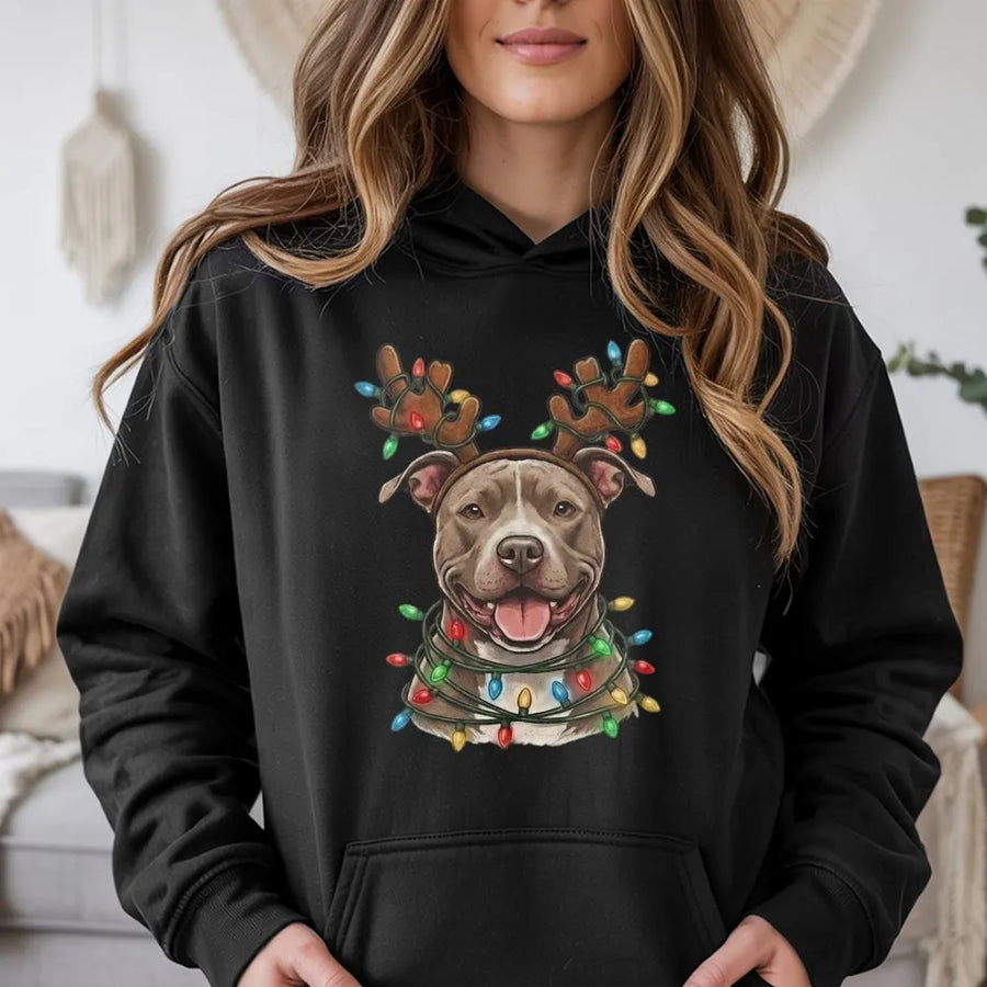 Pitbull Christmas Hoodie | Reindeer Antlers & Lights Graphic | Premium Cotton Blend | Funny Dog Mom Dad Holiday Gift