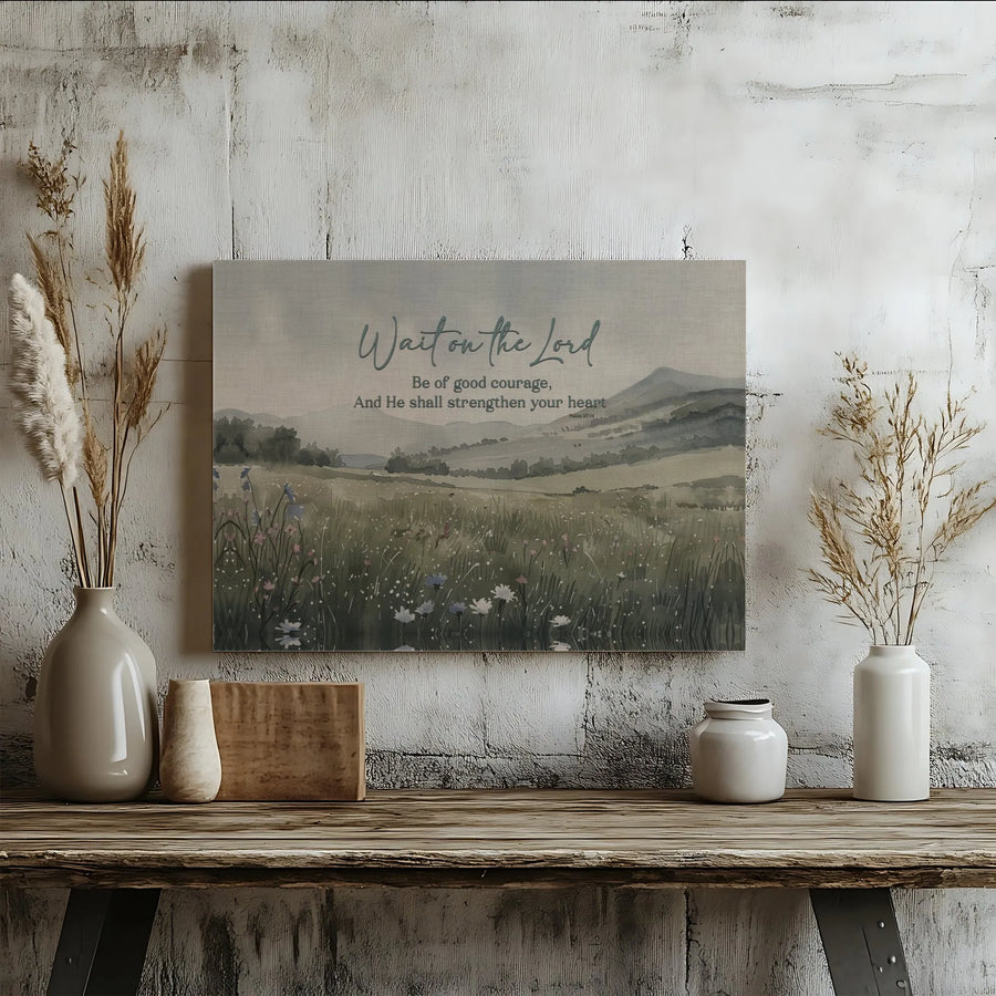 Christian Wall Art Canvas | Psalm 27:14 Watercolor Wildflower Art | Premium Canvas Print | Inspirational Christian Home Decor Gift