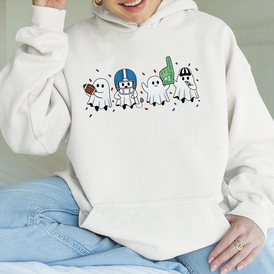 Ghost Football Hoodie | Cute Spooky Sport Graphic Design | Premium Cotton-Blend Sweatshirt | Funny Fall Game Day Gift For Football Fans