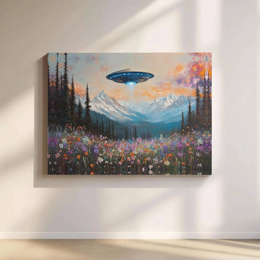 UFO Painting Canvas Art | Surreal Alien Spaceship Over Mountain Wildflower Field | Premium Gallery Wrapped Canvas | Unique Sci-Fi Fan Gift & Home Decor