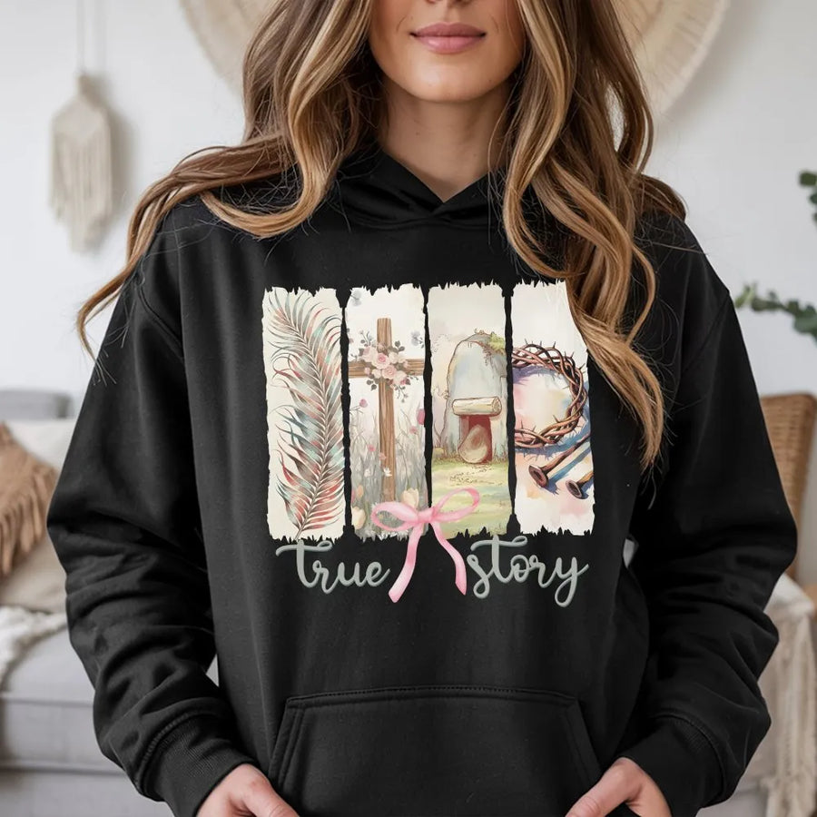 Christian Easter Hoodie | He Is Risen Coquette Bow Graphic | Soft Cotton Tee | Faith Based Gift for Women