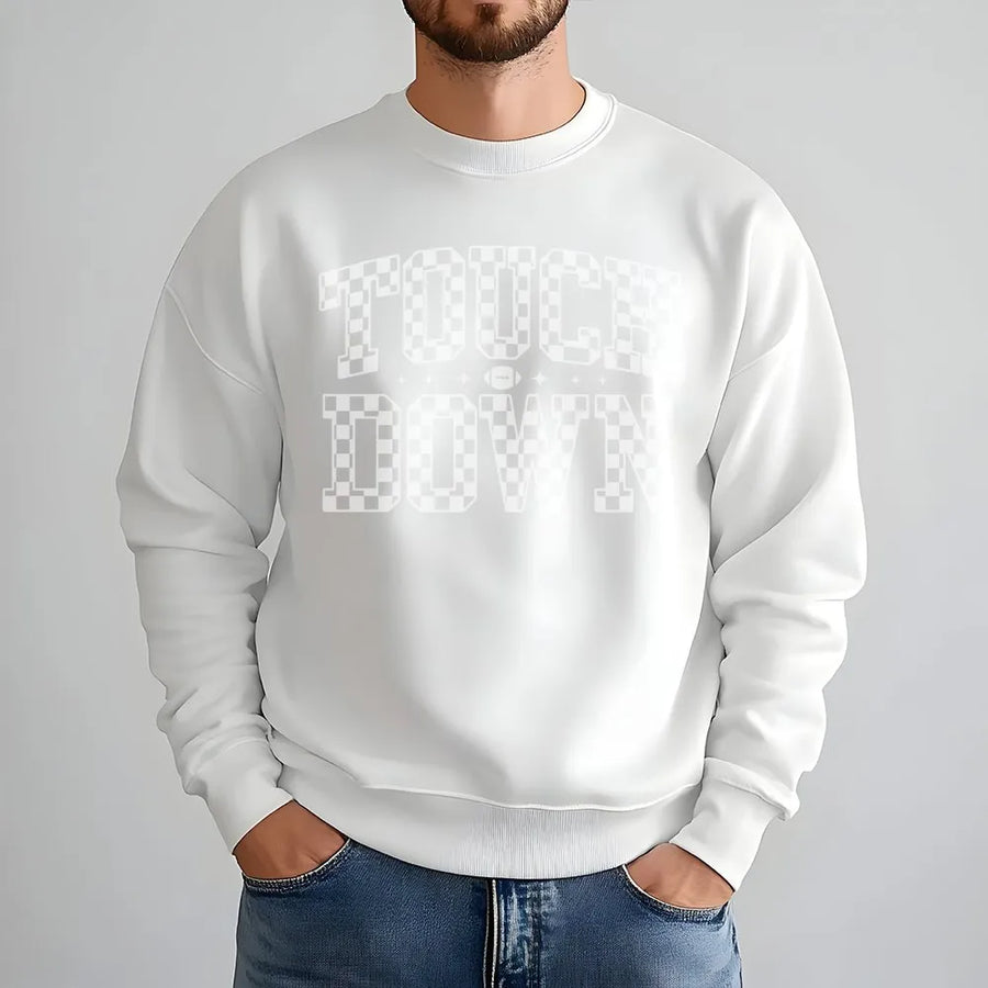 Touchdown Football Sweatshirt | Retro Checkerboard Varsity Font | Premium Cotton Blend Crewneck | Game Day Outfit Gift For Women