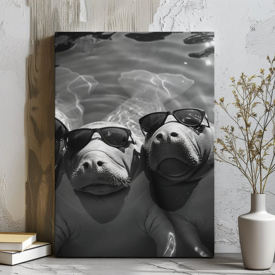 Manatee Wall Art | Funny Black and White Sea Cow with Sunglasses | Premium Gallery Wrapped Canvas | Coastal Home Decor Gift