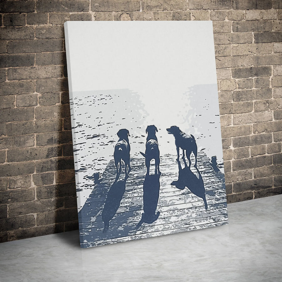 Three Dogs On A Dock Canvas Wall Art | Minimalist Lake Side Landscape | Gallery-Wrapped Premium Print | Dog Lover Gift & Coastal Home Decor