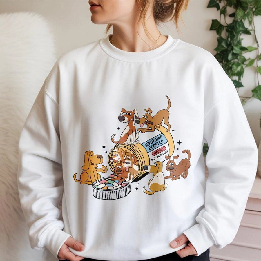 Serotonin Booster Sweatshirt | Cute Cartoon Dog Pill Bottle Graphic | Premium Cotton Blend Crewneck | Funny Animal Lover Gift For Men And Women