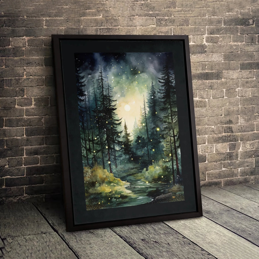 Enchanted Forest Canvas Wall Art | Moonlight Fireflies Watercolor Landscape | Premium Fade-Resistant Gallery Wrap | Whimsical Nature Home Decor Gift