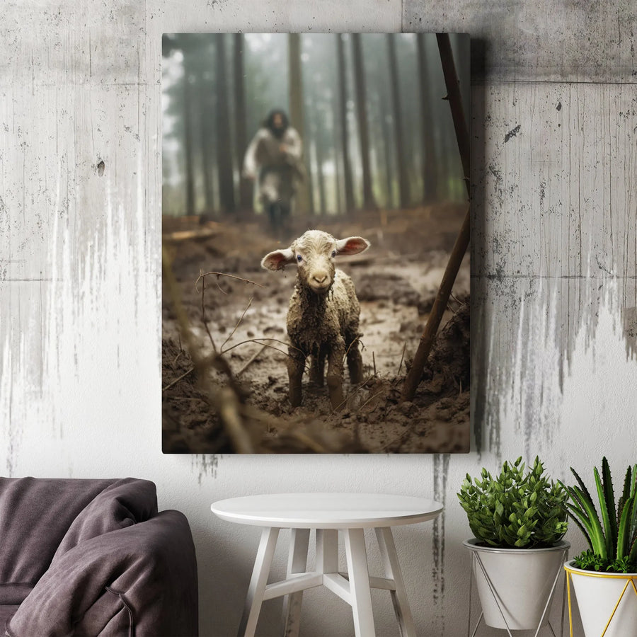 Jesus The Good Shepherd Canvas Art | Lost Lamb In Muddy Forest Print | Premium Gallery Wrap Wall Decor | Christian Religious Home Gift