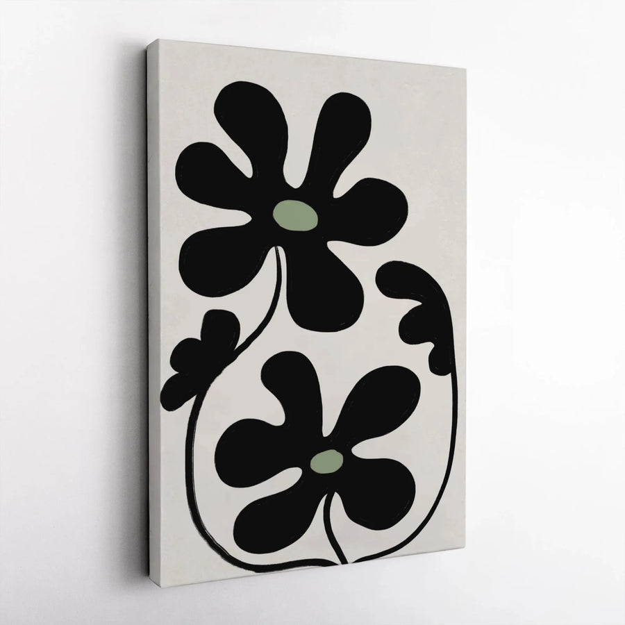 Minimalist Floral Canvas Wall Art | Black and Sage Green Groovy Flower Print | Premium Gallery Wrap Decor | Modern Aesthetic Home Gift