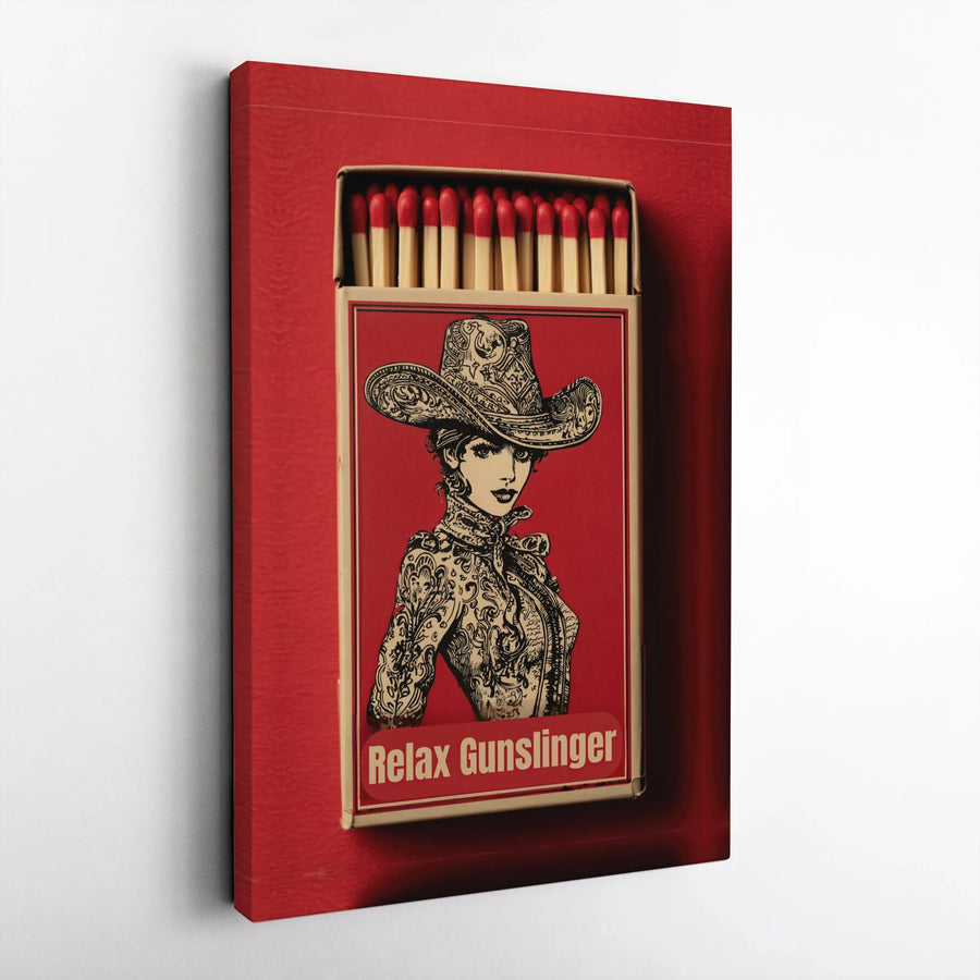 Relax Gunslinger Cowgirl Canvas Print | Vintage Matchbox Poster Art | Premium 1.25" Gallery Wrap | Western Home Decor Gift
