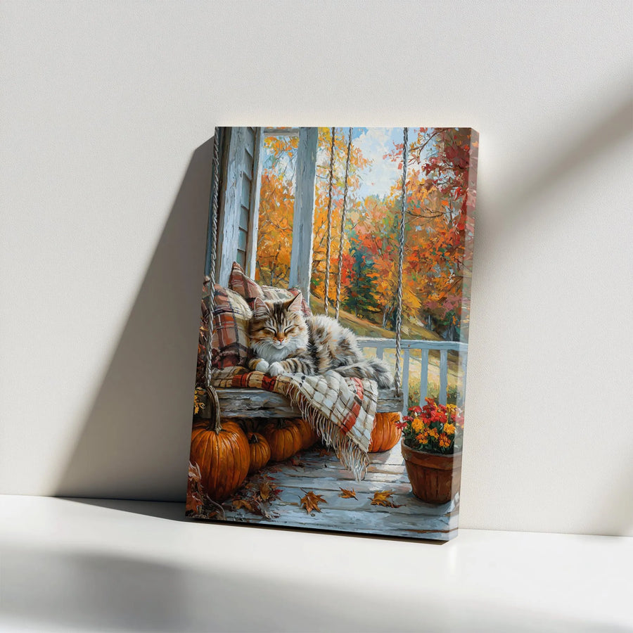 Cozy Autumn Cat Vertical Canvas | Sleeping Kitten on Porch Swing with Pumpkins | Premium 1.25" Thick Wall Art | Gift for Cat Lovers & Farmhouse Decor