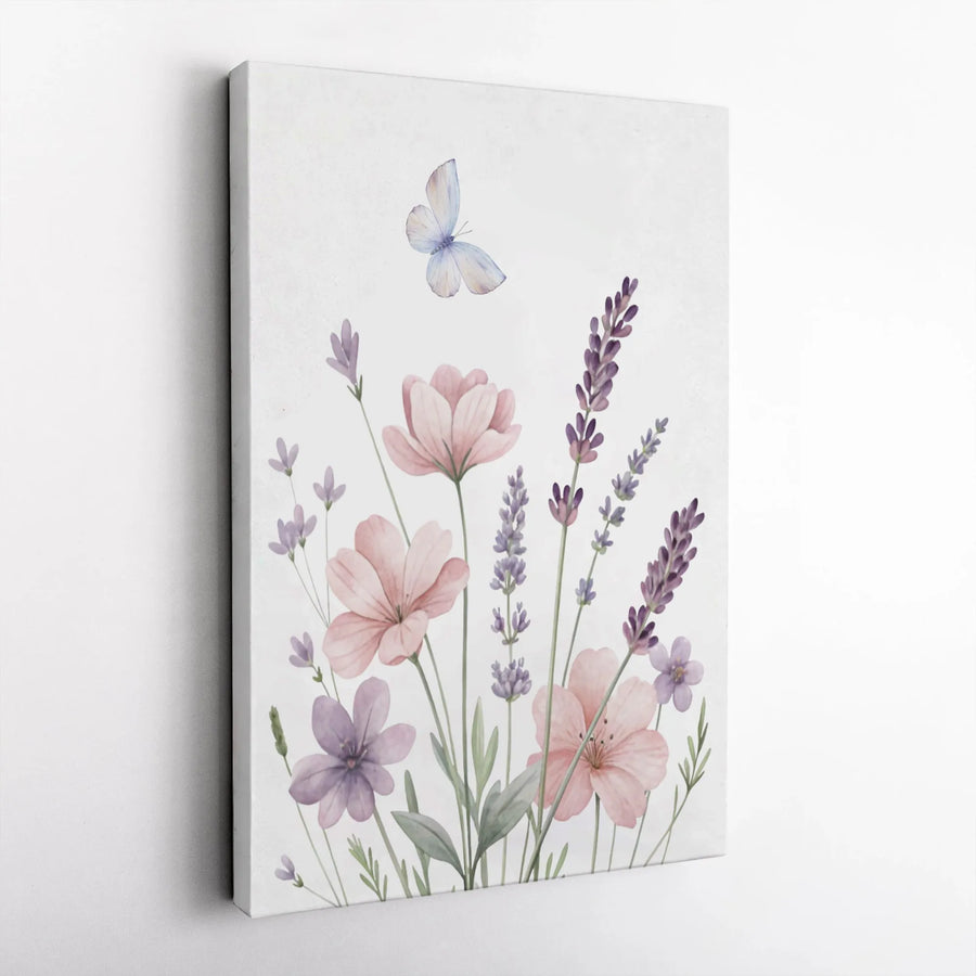Watercolor Lavender Wildflowers Wall Art | Soft Pastel Floral Butterfly Print | Premium 1.25" Gallery Wrapped Canvas | Botanical Home Decor Gift