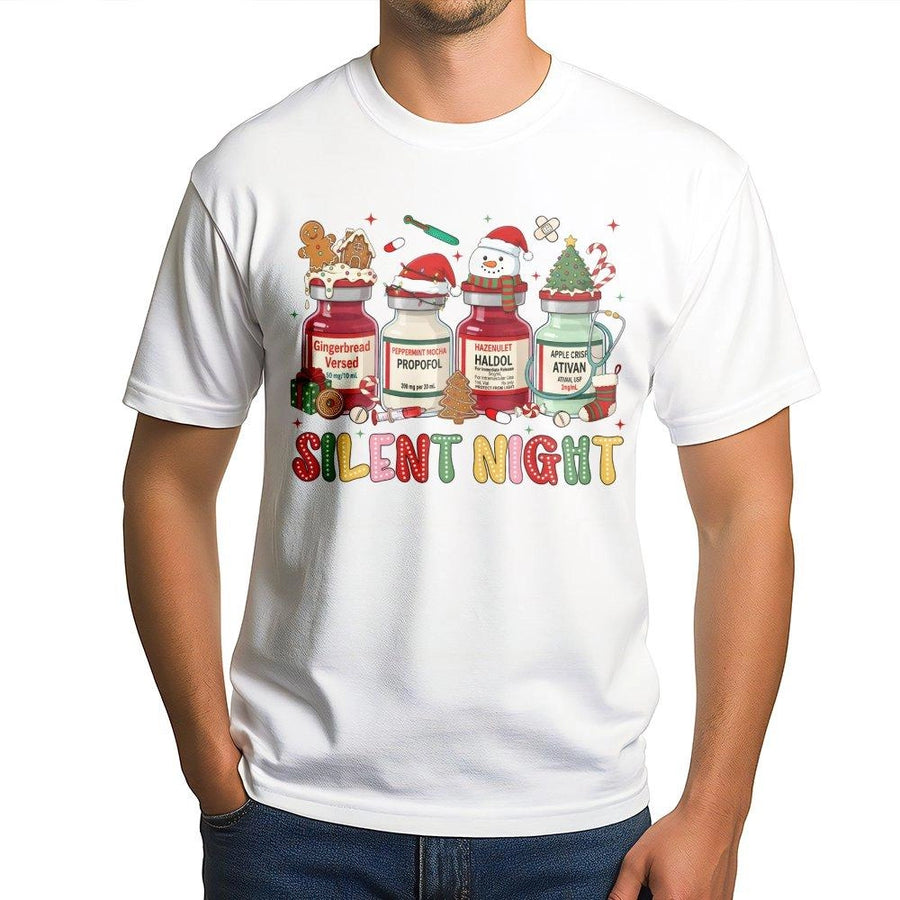 Silent Night Christmas Nurse T-Shirt | Medical Holiday Vials Design | Soft Cotton Premium Tee | Funny ICU Nurse Gift for Healthcare Workers
