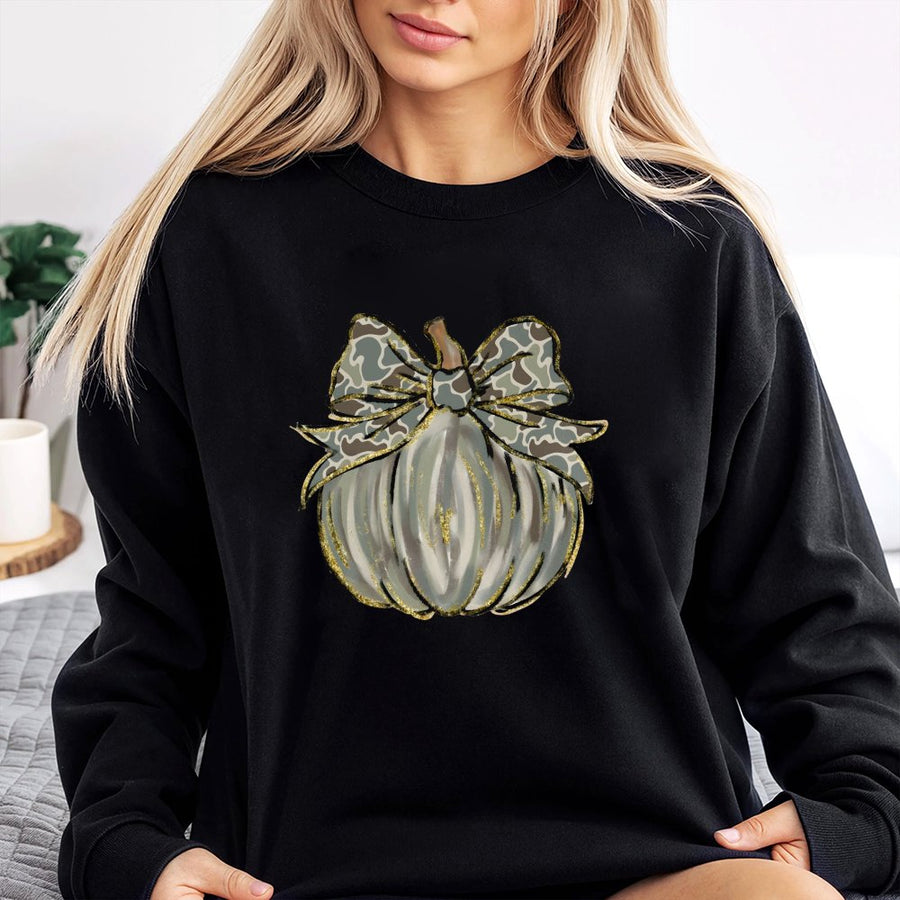 Camo Pumpkin Bow Sweatshirt | Western Fall Vibes Graphic Tee | Premium Cotton Blend Fall Apparel | Trendy Coquette Autumn Gift for Her