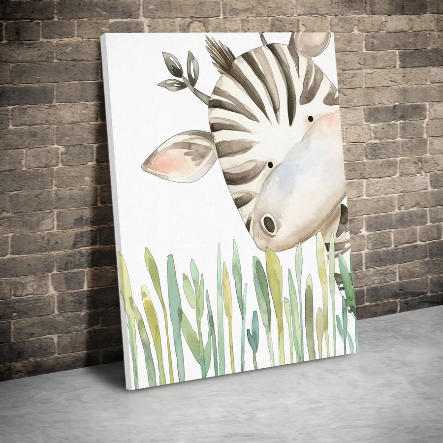 Cute Watercolor Zebra Canvas Print | Peeking Safari Animal Wall Art | Premium Gallery Wrapped Decor | Nursery Or Kids Bedroom Gift
