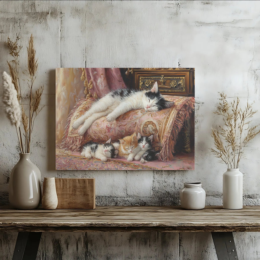 Sleeping Cats Canvas Wall Art | Vintage Mother Cat and Kittens Painting | Premium 1.25" Gallery Wrap | Cozy Home Decor for Cat Lovers