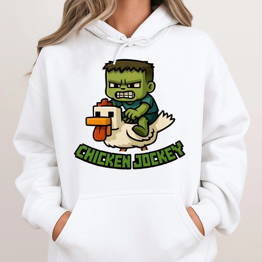 Chicken Jockey Hoodie | Pixelated Gamer Graphic Art | Premium Cotton-Blend | Unique Gift for Video Game Fans and Youth Gamers