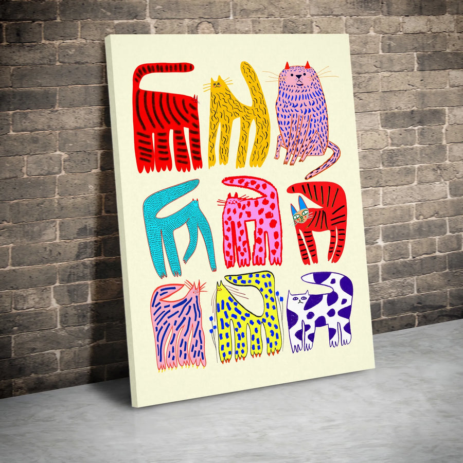 Colorful Whimsical Cat Art Print | Modern Abstract Feline Illustration | Premium Gallery Wrapped Canvas | Quirky Home Decor Gift for Cat Lovers