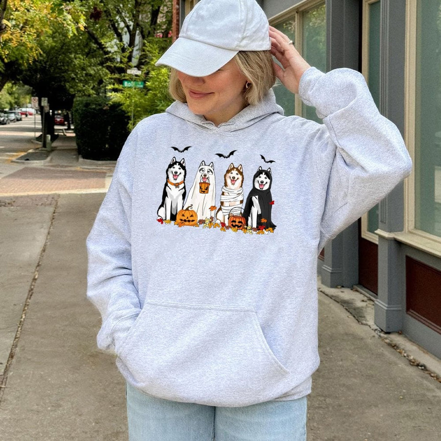 Halloween Husky Hoodie | Cute Ghost Dog Costume Graphic | Premium Cotton Blend Pullover | Spooky Fall Gift for Dog Lovers