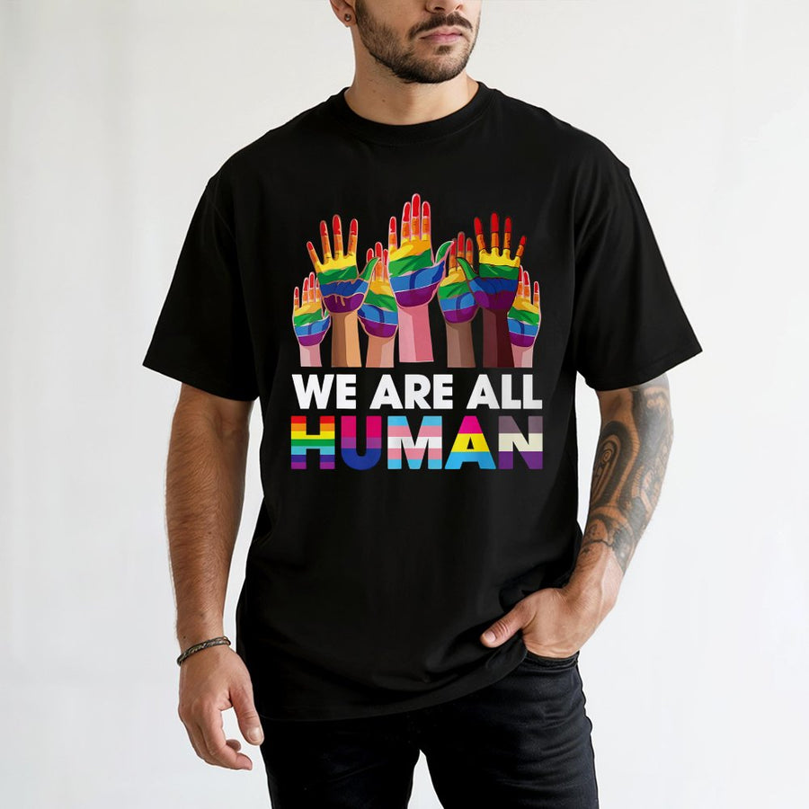 We Are All Human T-Shirt | LGBTQ Rainbow Hands Graphic | 100% Soft Cotton Premium Tee | Inclusive Pride Gift For Equality Activists