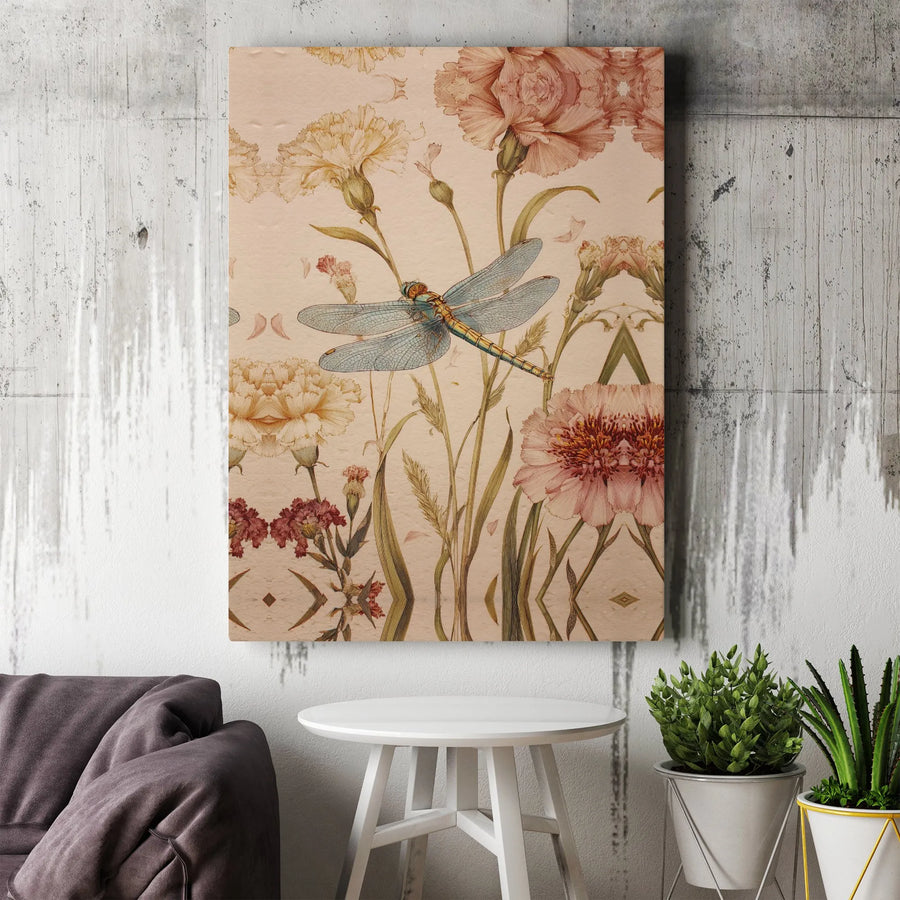 Vintage Dragonfly Canvas Wall Art | Antique Botanical Illustration with Carnations | Premium Gallery Wrapped Canvas | Cottagecore Home Decor Gift