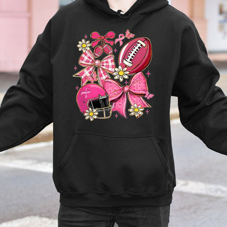 Breast Cancer Awareness Football Hoodie | Preppy Pink Ribbon Bow Design | Premium Cotton-Blend Comfort | Game Day Gift For Her