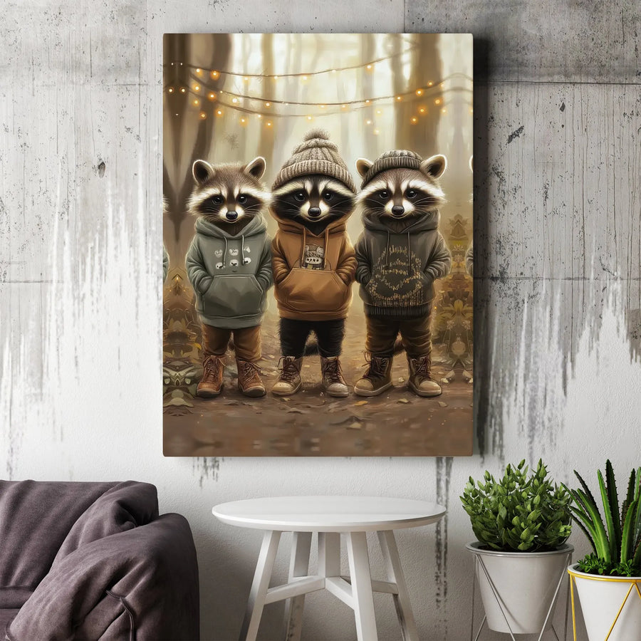 Cute Raccoon Canvas Wall Art | Trio of Forest Friends in Hoodies | Premium Thick Gallery Wrap Canvas | Unique Nursery & Kids Room Decor Gift