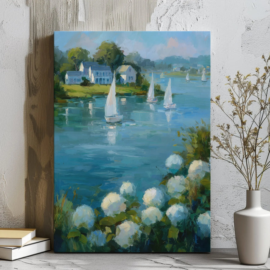 Sailboat Landscape Canvas Art | Impressionist Coastal Hydrangea Wall Decor | Premium 1.25" Gallery Wrap | Gift for Nautical Home Decor Enthusiasts