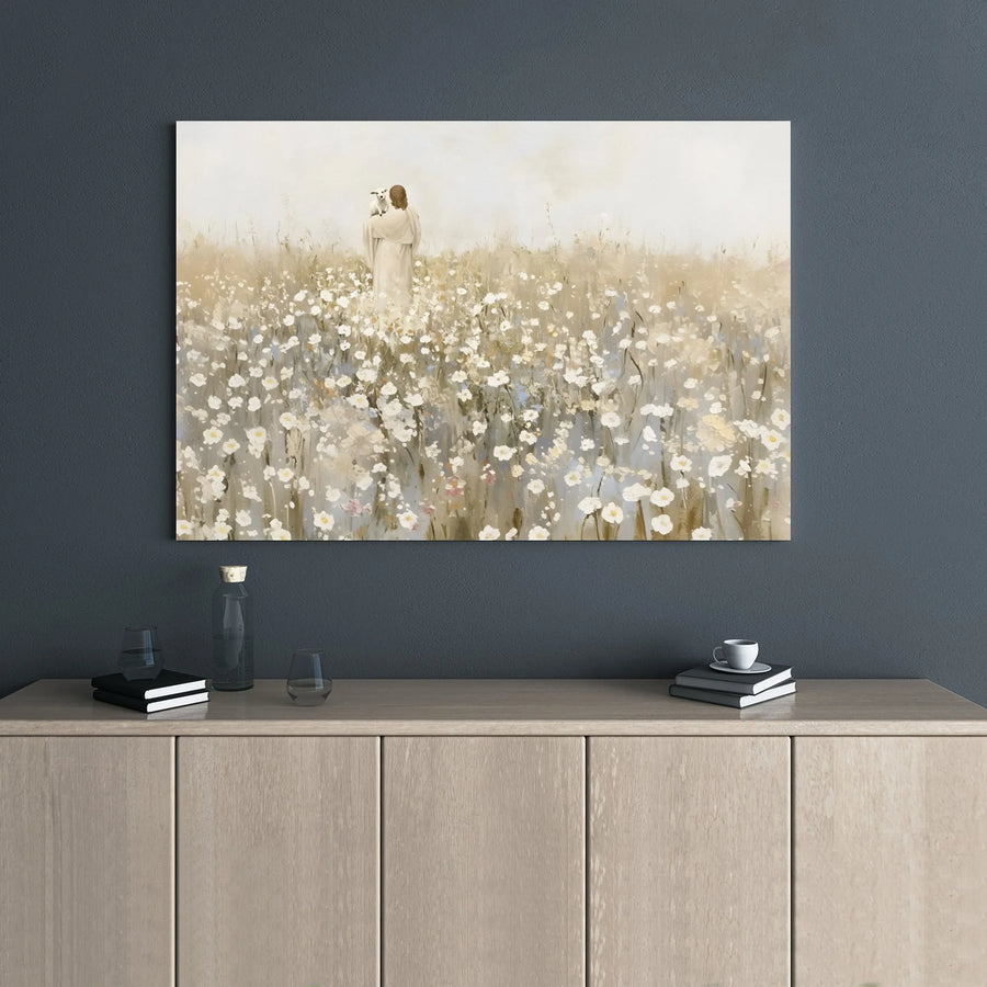 Jesus The Good Shepherd Canvas | Watercolor Floral Meadow Art | 1.25 Inch Gallery Wrap | Christian Home Decor Gift
