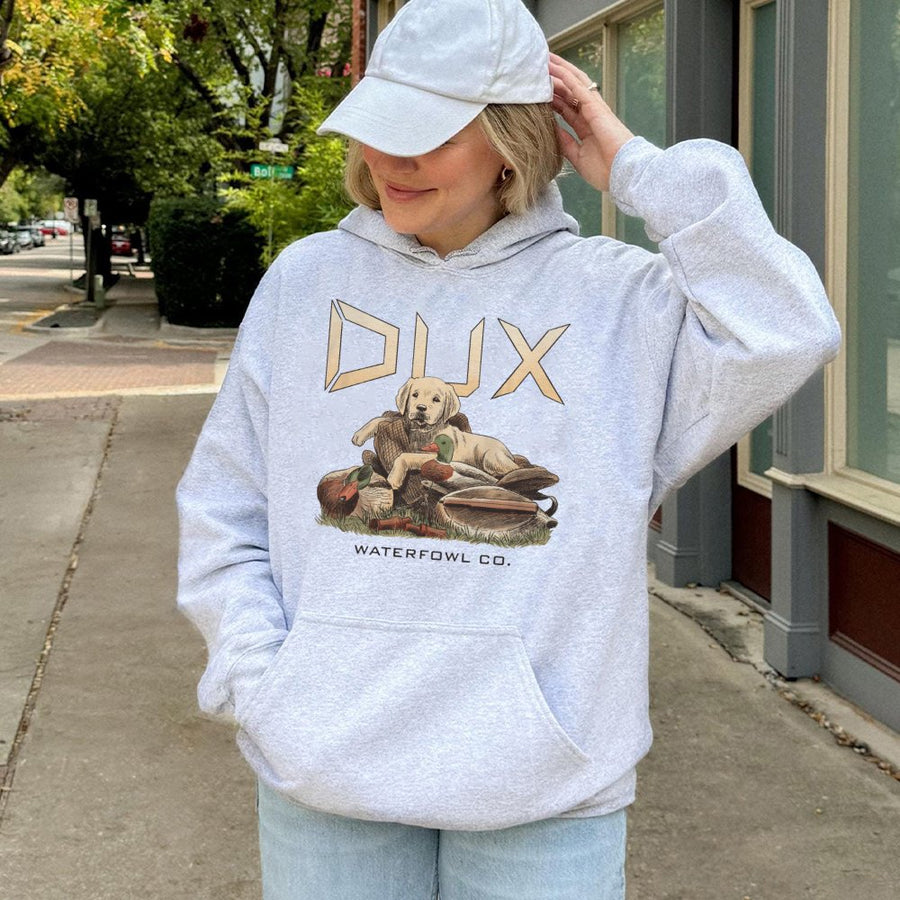 Dux Hunting Hoodie | Vintage Duck Dog & Waterfowl Graphic | Premium Cotton Blend | Gift For Outdoorsmen & Duck Hunters