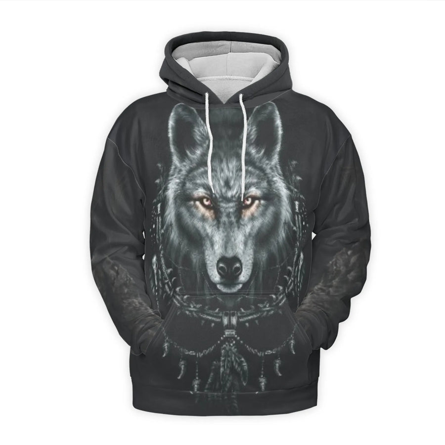Wolf 3D Hoodie | Tribal Dreamcatcher Graphic Print | Brushed Fleece Pullover | Unisex Wildlife Gift for Nature Lovers