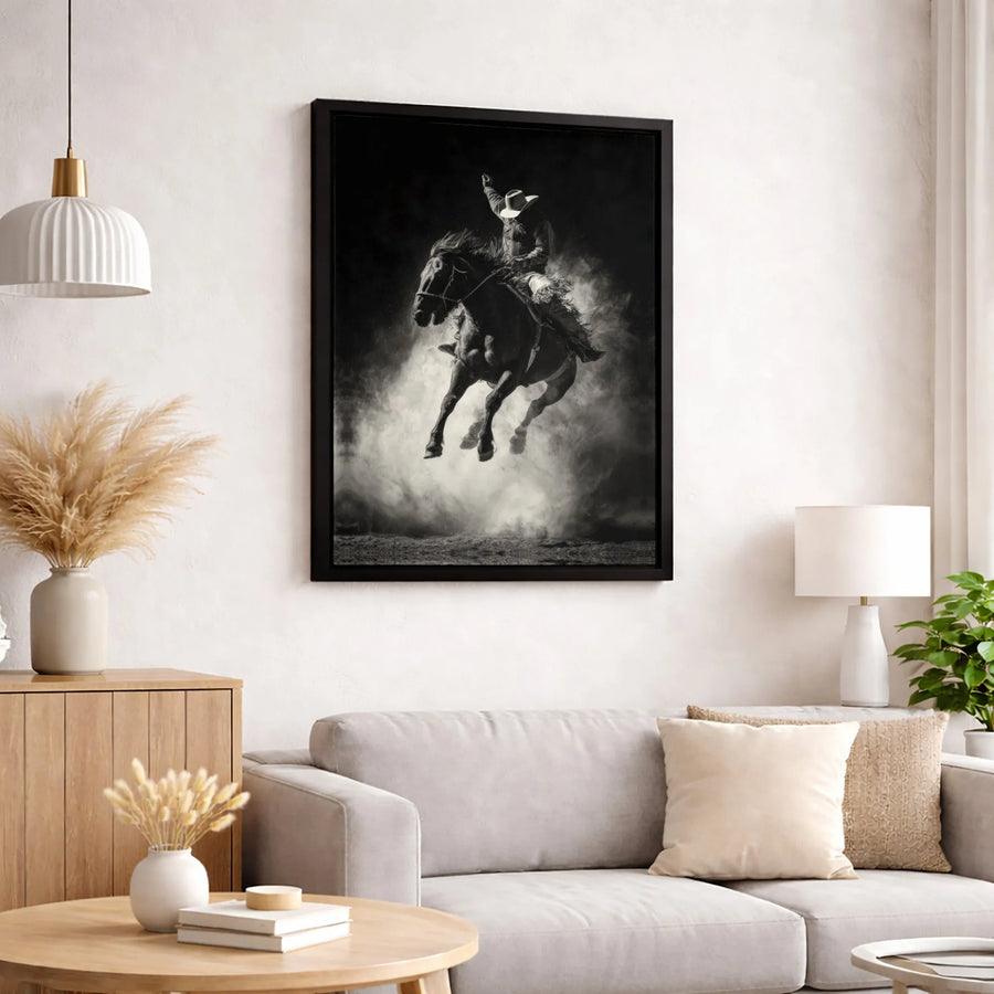 Western Cowboy Wall Art | Black and White Bucking Horse Canvas Print | Premium Gallery Wrapped Decor | Rodeo Gift for Him