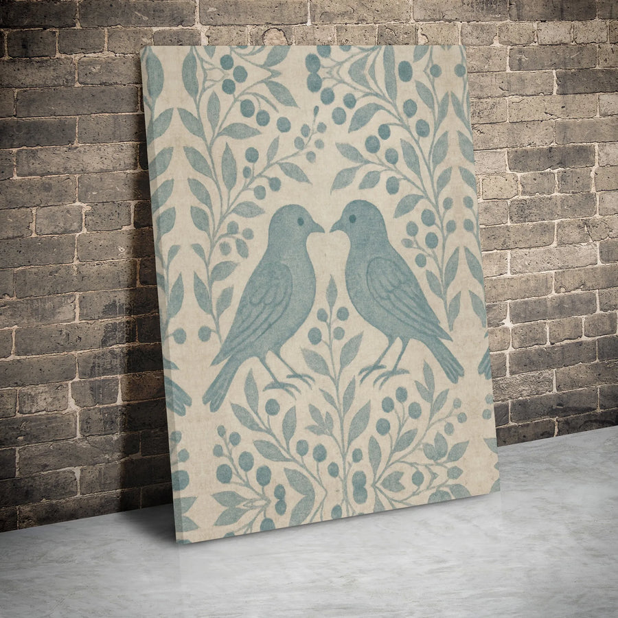 Two Birds Wall Art | Vintage Folk Style Floral Berry Vine Print | Premium Gallery Wrap Canvas | Romantic Home Decor Gift for Nature Lovers