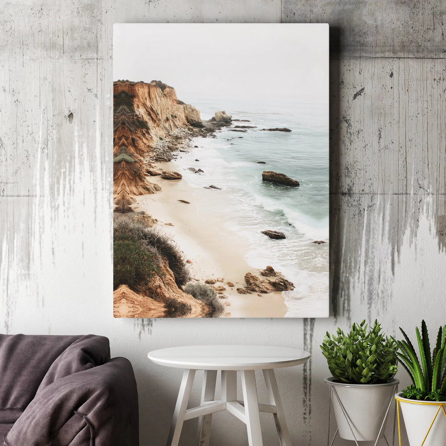 Coastal Beach Ocean Waves Vertical Canvas | Rugged Cliffs & Sandy Shore Landscape Print | 1.25" Thick Gallery Wrap Frameless Wall Art | Serene Beach House Decor Gift