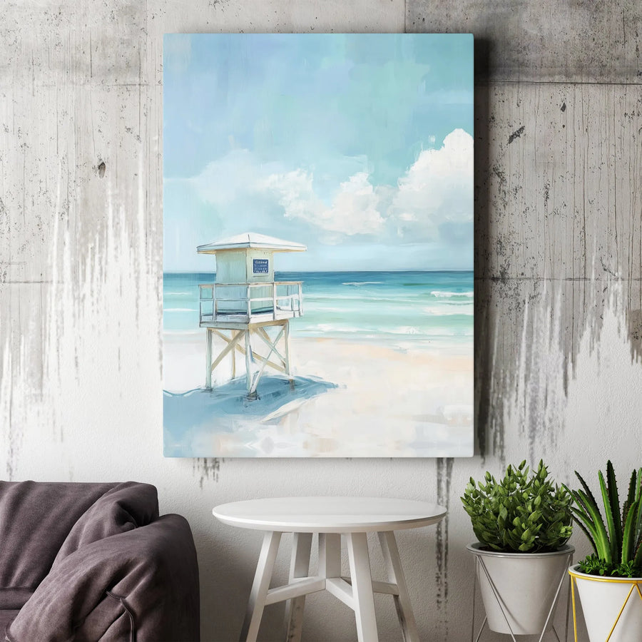 Lifeguard Tower Canvas Wall Art | Serene Beach Painting Print | Premium Gallery Wrapped Canvas | Coastal Home Decor Gift