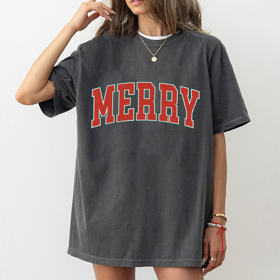 Merry Christmas T-Shirt | Varsity Lettering Holiday Graphic | 100% Premium Cotton | Unisex Festive Gift for Family and Friends