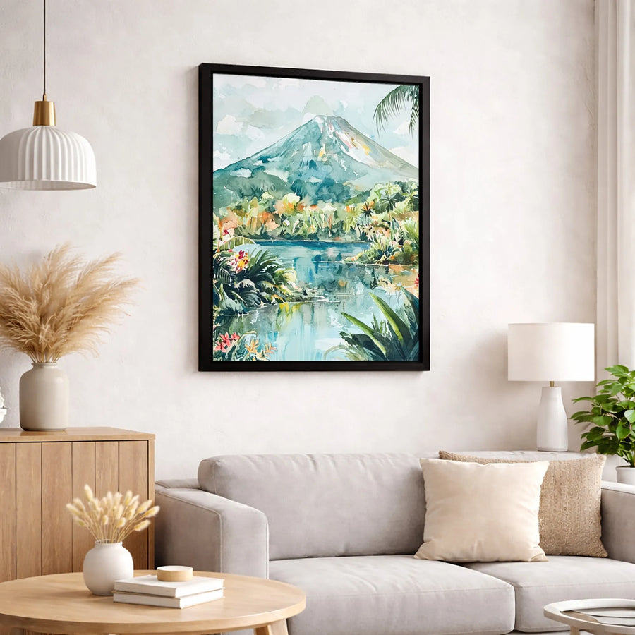 Tropical Volcano Canvas Wall Art | Watercolor Tropical Landscape Print | Premium 1.25-Inch Thick Gallery Wrap | Nature Home Decor Gift